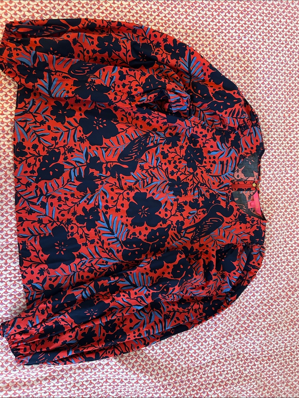 Lilly Pulitzer Red Floral Blouse with Navy & Light Blue Accents